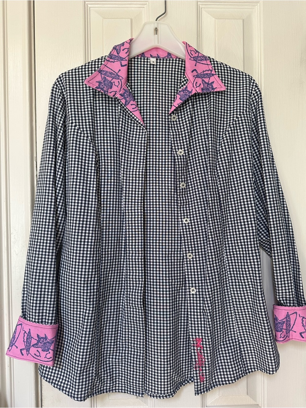 Middy N’ Me Radnor Shirt in Orchid Black & White Gingham Button-Up w/Pink Fox
